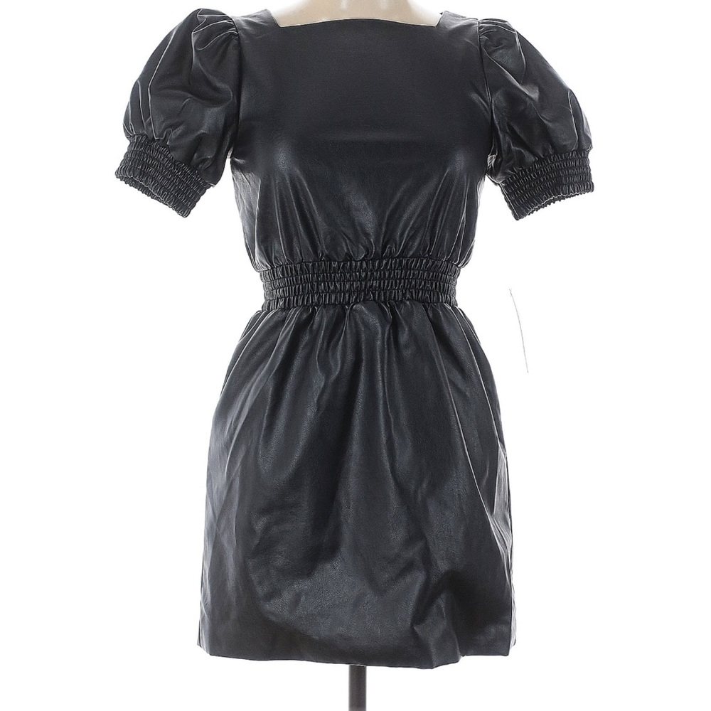 Faux leather  Black Puff Sleeve Dress